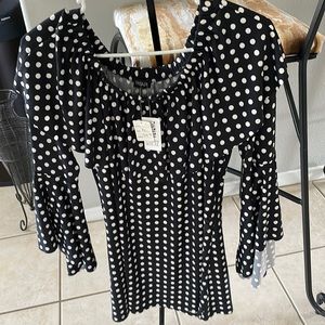 NEW! Silky, black and white polka dot blouse! Adorable!